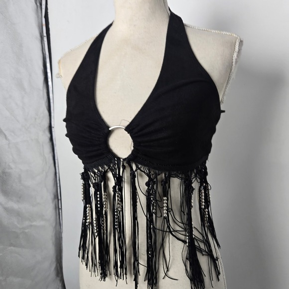 Windsor Black Halter Neck Western Cowgirl Fringe Ring Detail Crop Top‎ Size S - Picture 2 of 7